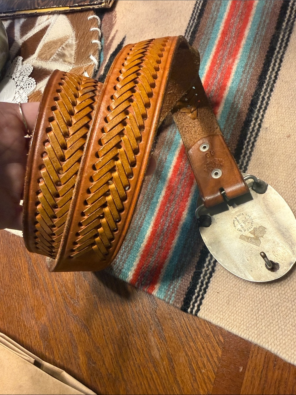 Men's Johnson & Held Silver Deer w/ Turquoise Inlay Buckle + Brown Leather Belt - Picture 7 of 7